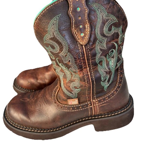 Justin Gypsy Brown Leather Teal Embroidered Cowboy Boots Womens Size 6B Boho - Picture 3 of 13